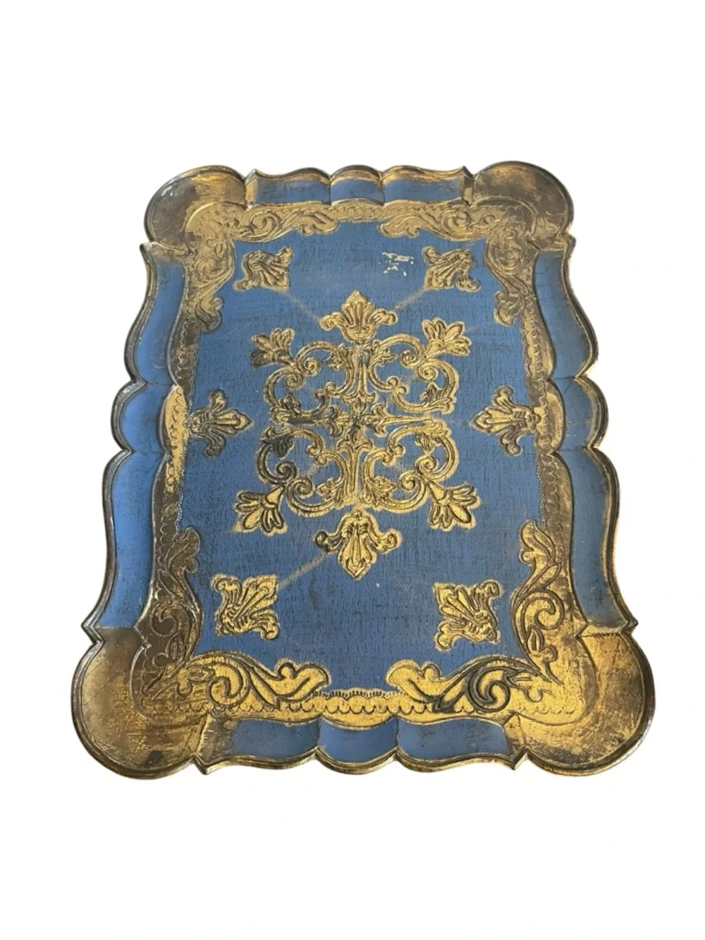 Vintage Italian Florentine Wood Tray Blue Gold Gilt Scalloped Hand Painted Italy